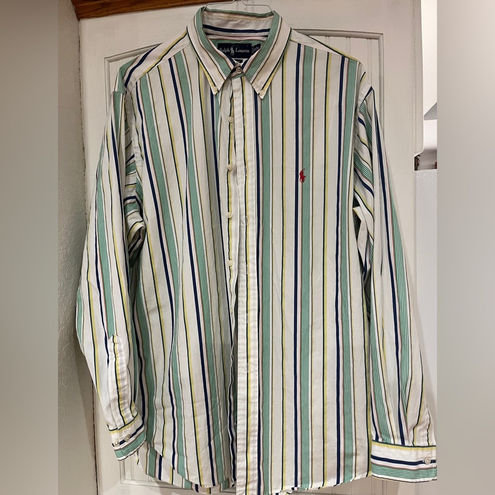 Vintage Ralph Lauren Green and Blue Striped Men's Shirt XL